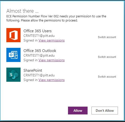 screenshot of the power apps pop up with 3 options: office 365 users, outlook, or sharepoint, with allow button below