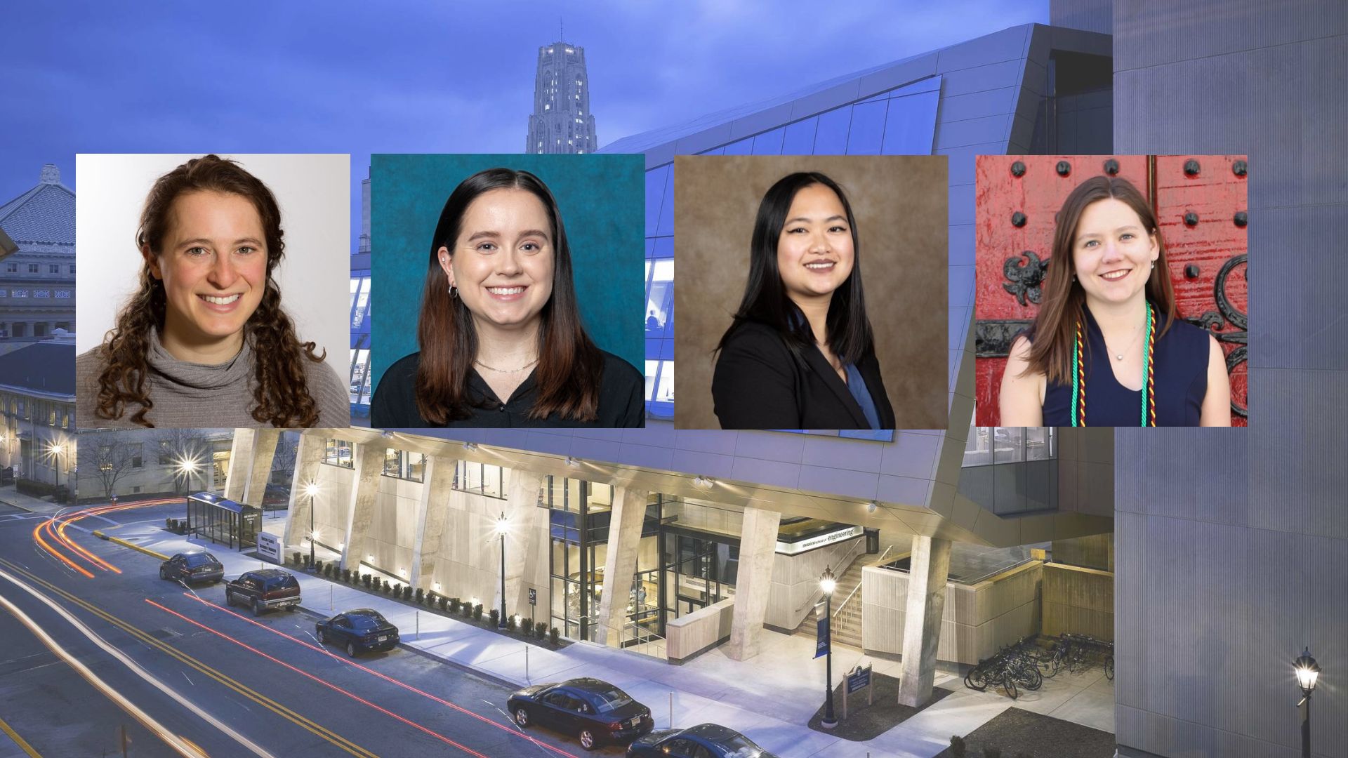 three graduate students: Anna Bailes, Michelle Riffitts, and  Ande Marini superimposed on a photo of Benedum