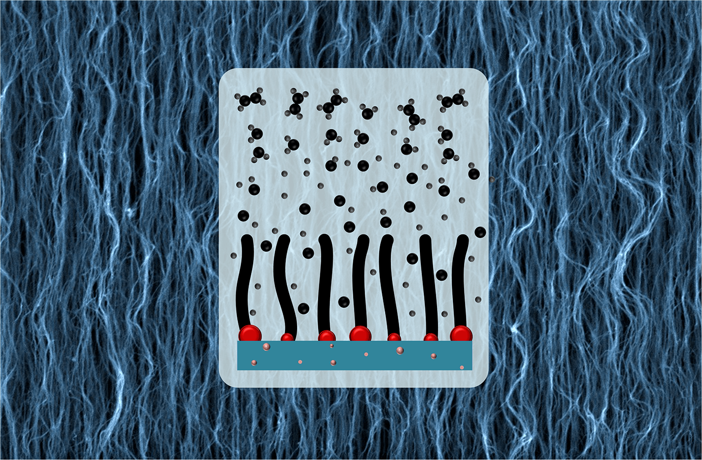 The bottom-up growth of carbon nanotubes by chemical vapor deposition from catalytically active oxide-supported iron nanoparticles. Background is a scanning electron micrograph showing nanotubes that grow and self-organize into centimeter-tall forests with billions of individual nanotubes.