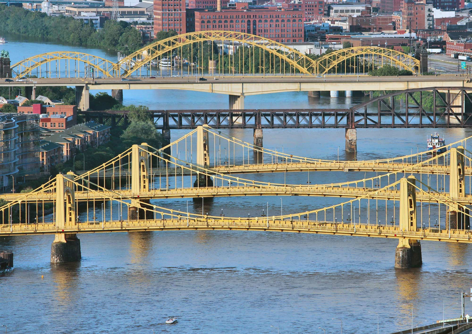 six different bridges on a river in Pittsburgh