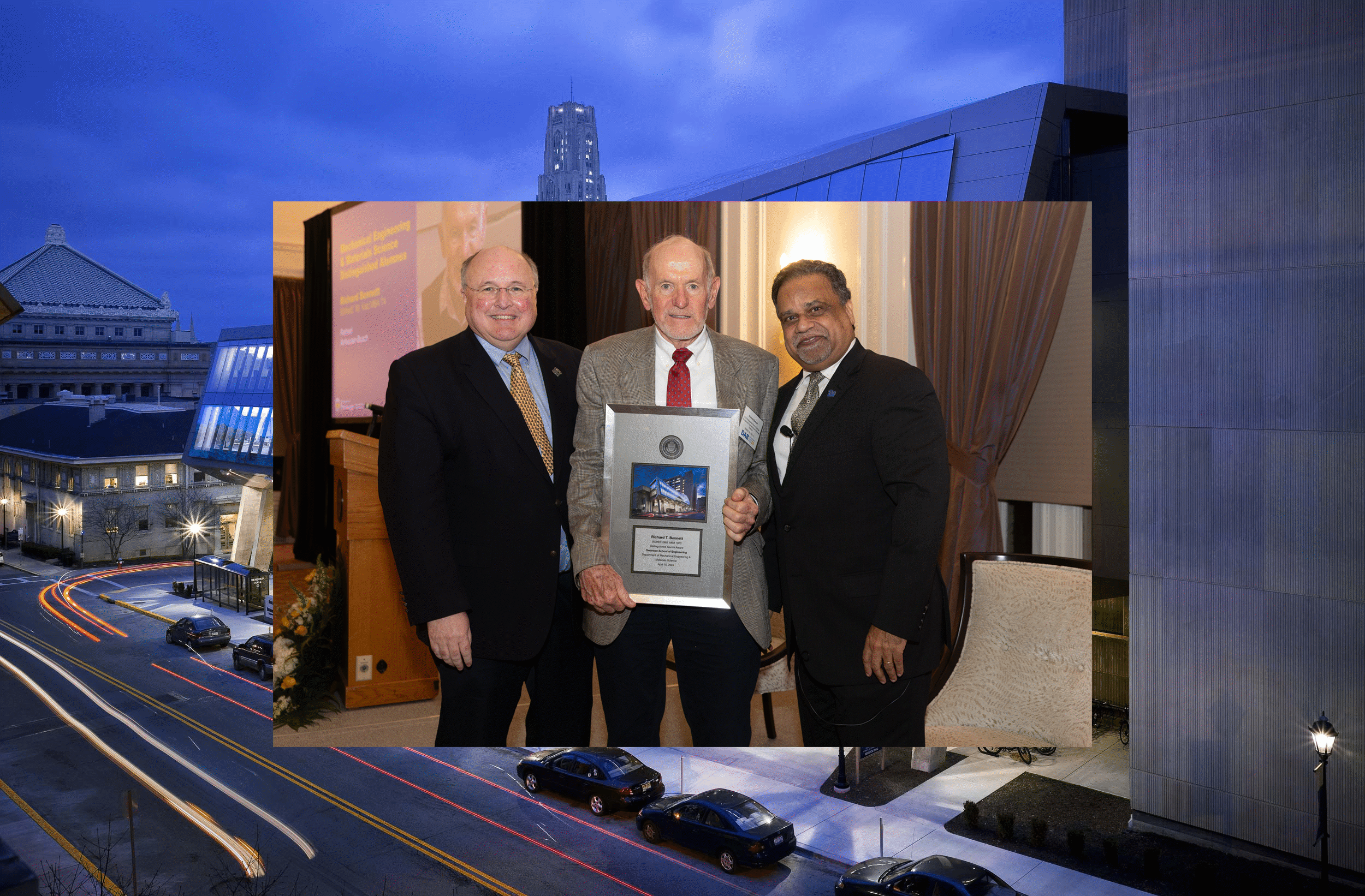 Richard Bennett (center) with Department Chair Brian Gleeson (left) and Interim U.S. Steel Dean Sanjeev Shroff.
