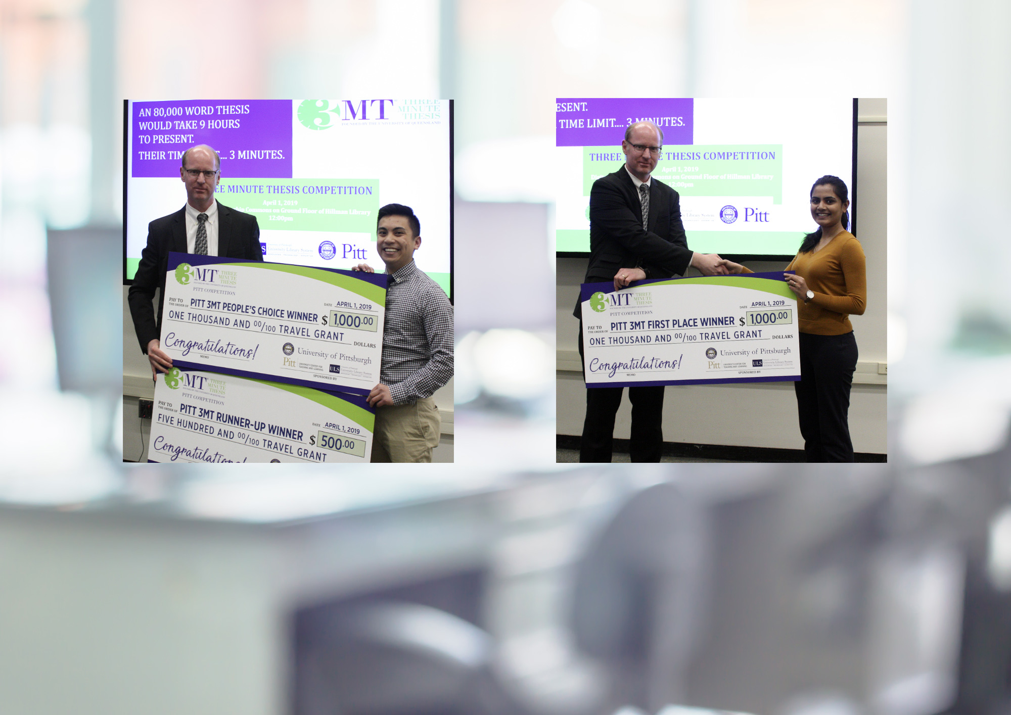 Gerald Ferrer (left) was awarded the runner-up prize and the People’s Choice award; Piyusha Gade (right) received the first place award