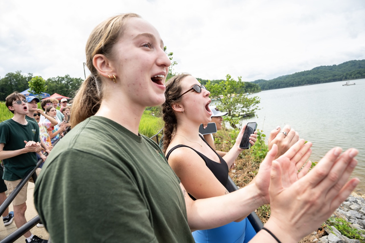 Nationals cheering - Swanson School of Engineering students cheer on their team at the American Society for Civil Engineers Concrete Canoe Competition held in Tygart Lake, West Virginia. (Photo: Aimee Obidzinski) Nationals cheering