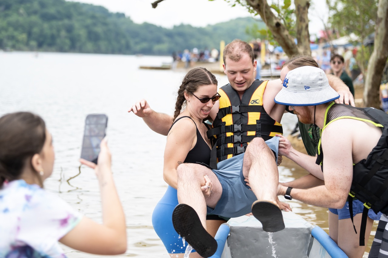 Nationals pre-race - Swanson School of Engineering students preparing for the men's slalom competition at the American Society for Civil Engineers Concrete Canoe Competition held in Tygart Lake, West Virginia. (Photo: Aimee Obidzinski) Nationals pre-race