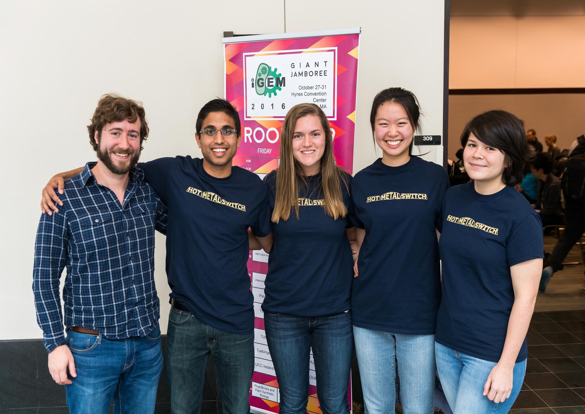 Jason Lohmueller, Praneeth Peddada, Maddie Perdoncin, Claire Chu and Maya Lemmon-Kishi at the iGEM Giant Jamboree in Boston