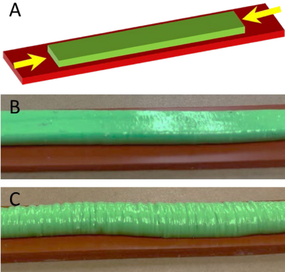 Image showing 3 different examples of ate-dependent creasing of a viscoelastic liquid