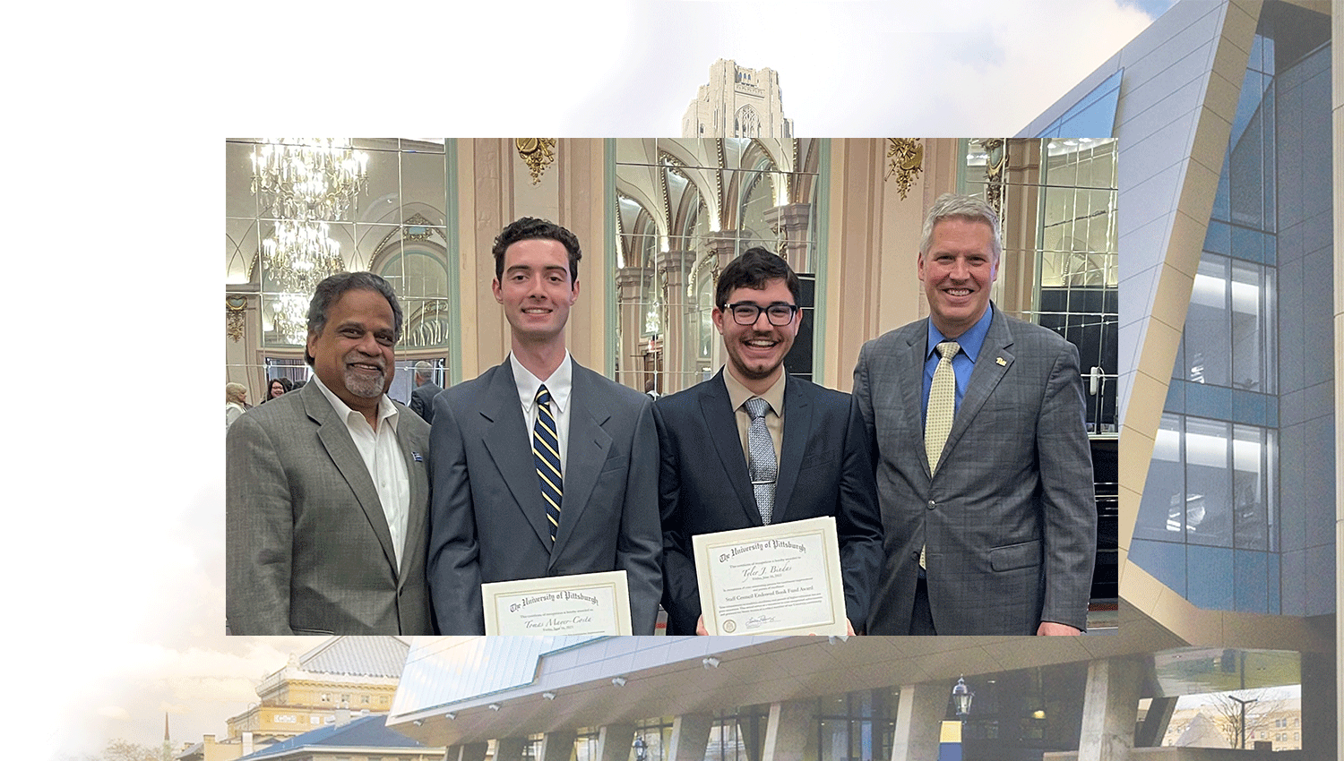 (From left) Interim US Steel Dean of Engineering Sanjeev Shroff,  Tomas Mayer-Costa, Tyler Bindas, and Chancellor Patrick Gallagher at the 2023 Chancellor's Staff Recognition Ceremony.