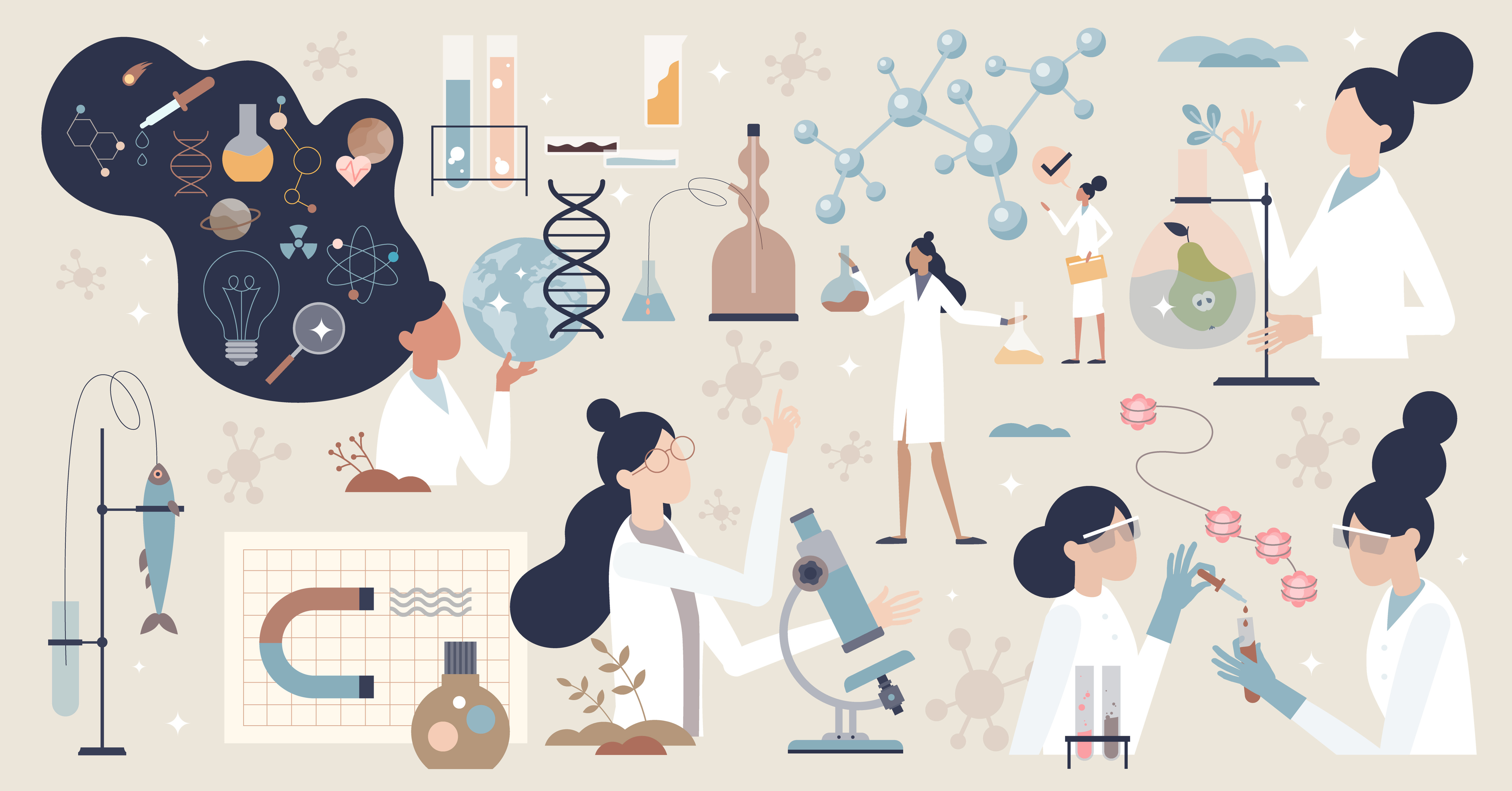 Graphic of women scientists at work.