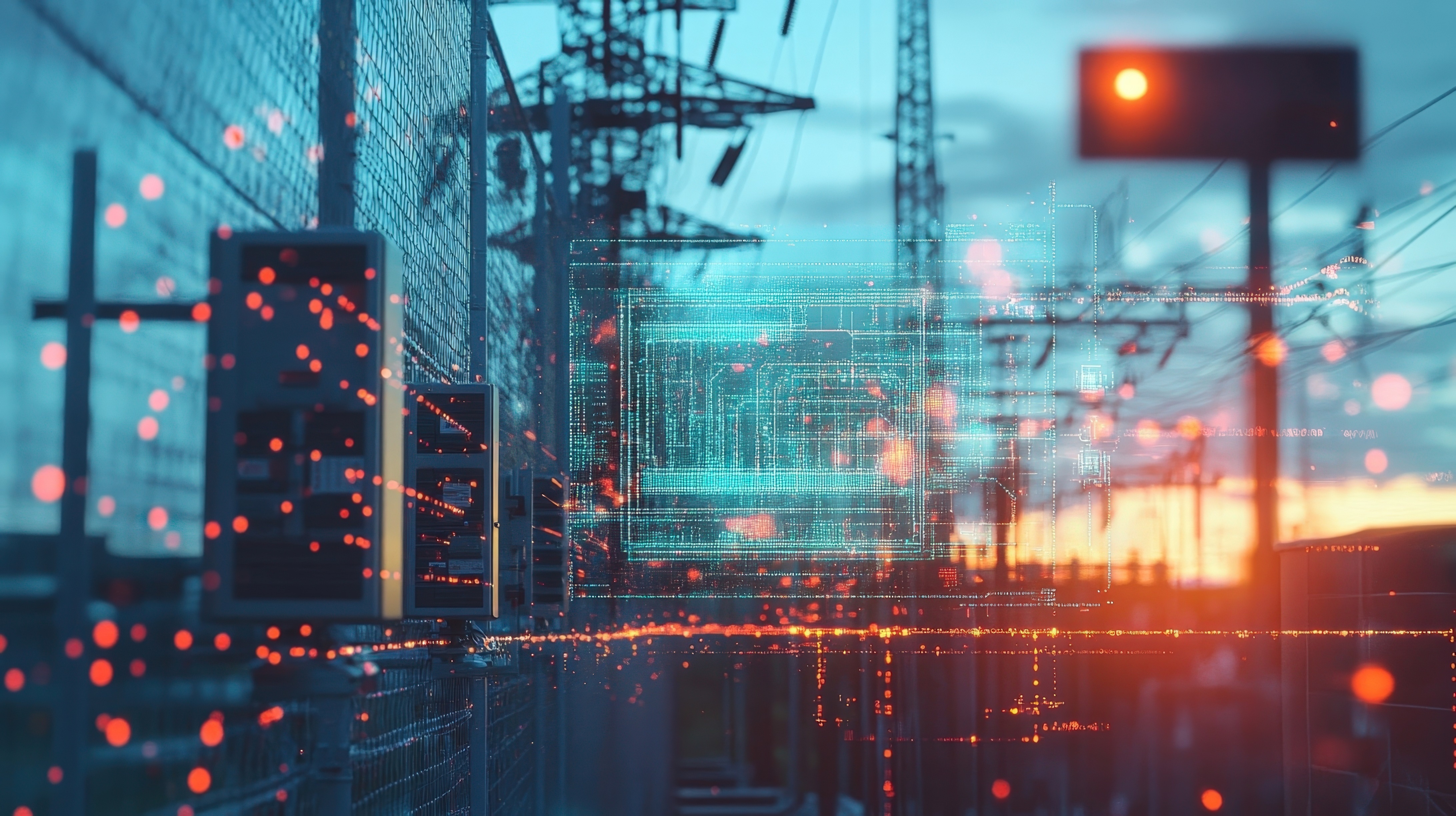 generic cyber security image representing lasers, lights,  and a power station. 