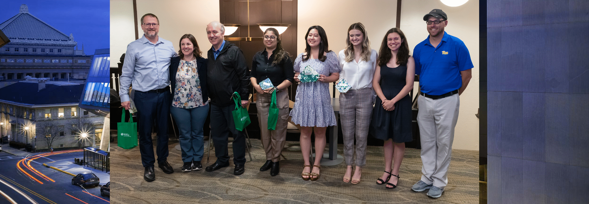 Above: Aurora Sharrard, Assistant Vice Chancellor for Sustainability at the University of Pittsburgh (second from left) with Kevin Bell, assistant professor of bioengineering (left), Joaquin Rodriguez, assistant professor of chemical and petroleum engineering (third from left), Swagatika Bhattacharya, foundations lab technician, Department of Biological Sciences (middle left), Christy Kim (middle right), Martina Frederick (third from right), Maggie Lincoln (second from right), and Eric Hammill, warehouse specialist, Pitt Surplus.