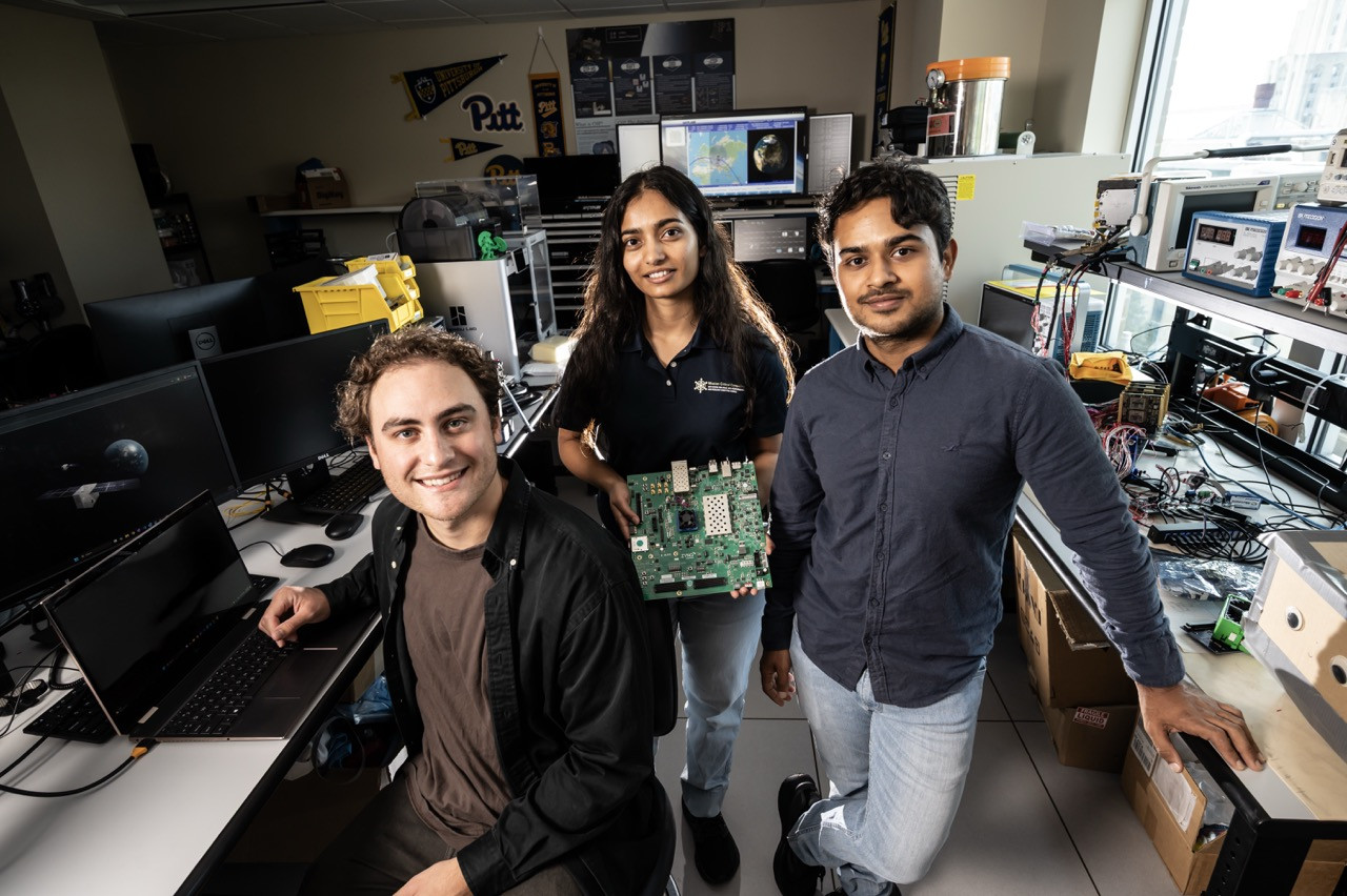 SHREC GEO Satellite - Linus Silbernagel, Dikchnya Kharel, and Nischal Kharel in the NSF Center for Space, High-performance, and Resilient Computing SHREC GEO Satellite