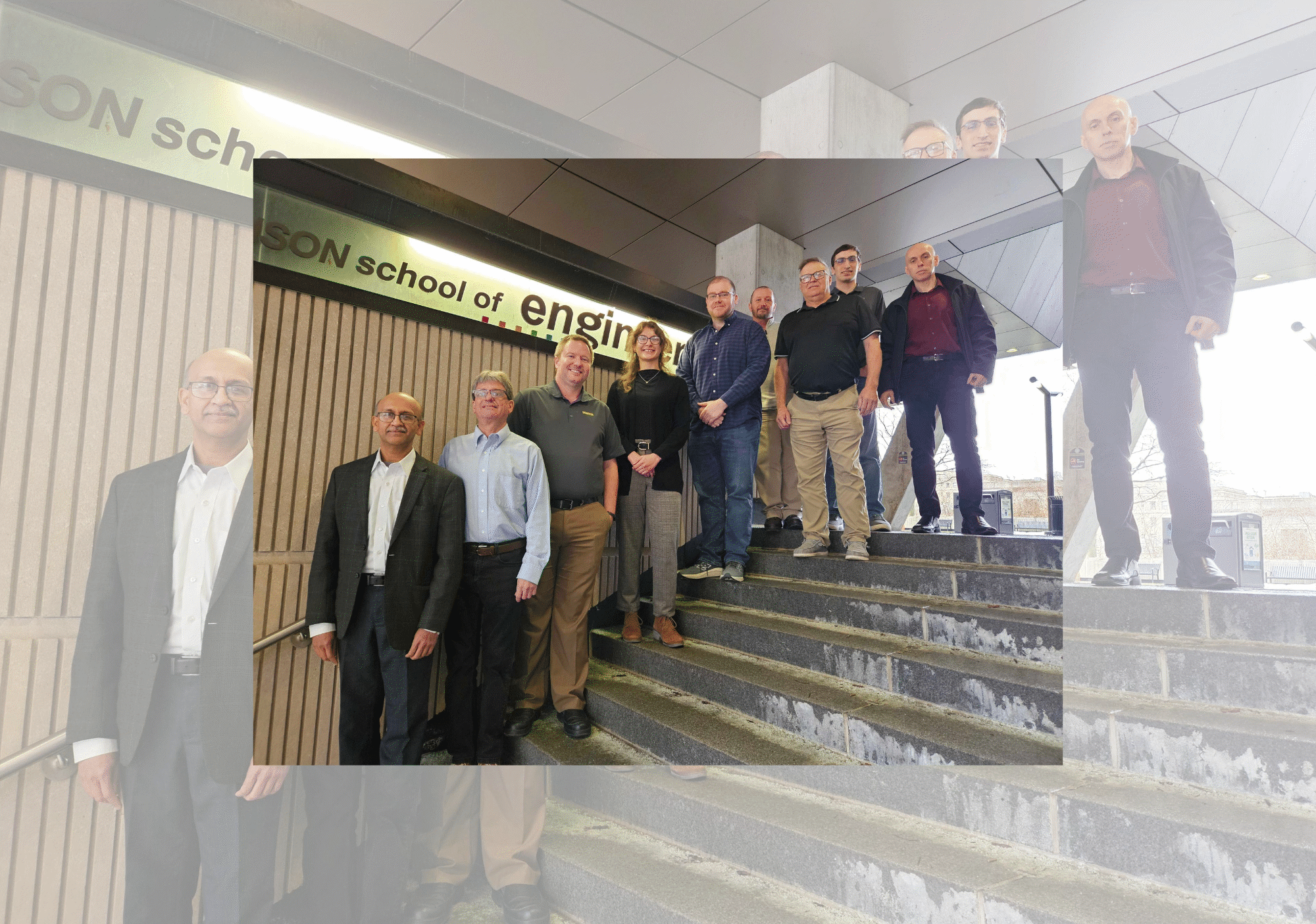 (L - R): Mukul Rastogi, Frank Santucci (alumnus), Kevin Wissner, Sabrina Helbig, Brandon Grainger, Michael Sullivan (alumnus), Tony Pollice (alumnus), Joshua Lubin (alumnus), and Liviu Mihalache