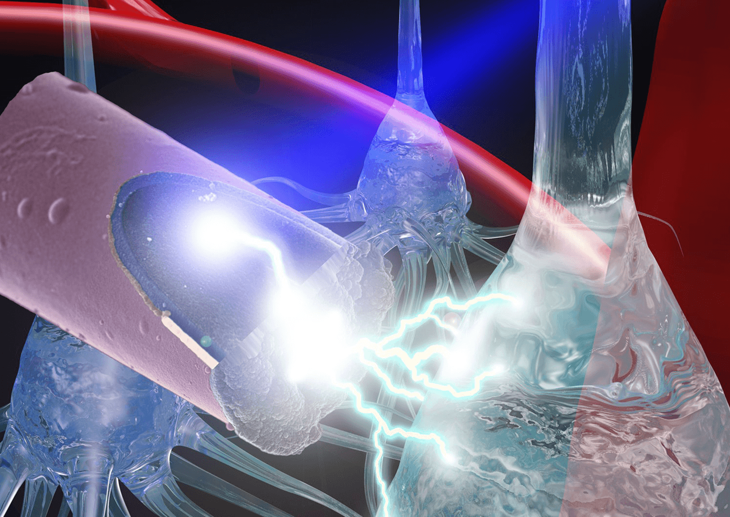 A laser shining onto an untethered, ultrasmall carbon fiber electrode to stimulate neurons via the photoelectric effect. Photo credit: J. Mater. Chem. B, 2015,3, 4965-4978 - Reproduced by permission of The Royal Society of Chemistry.