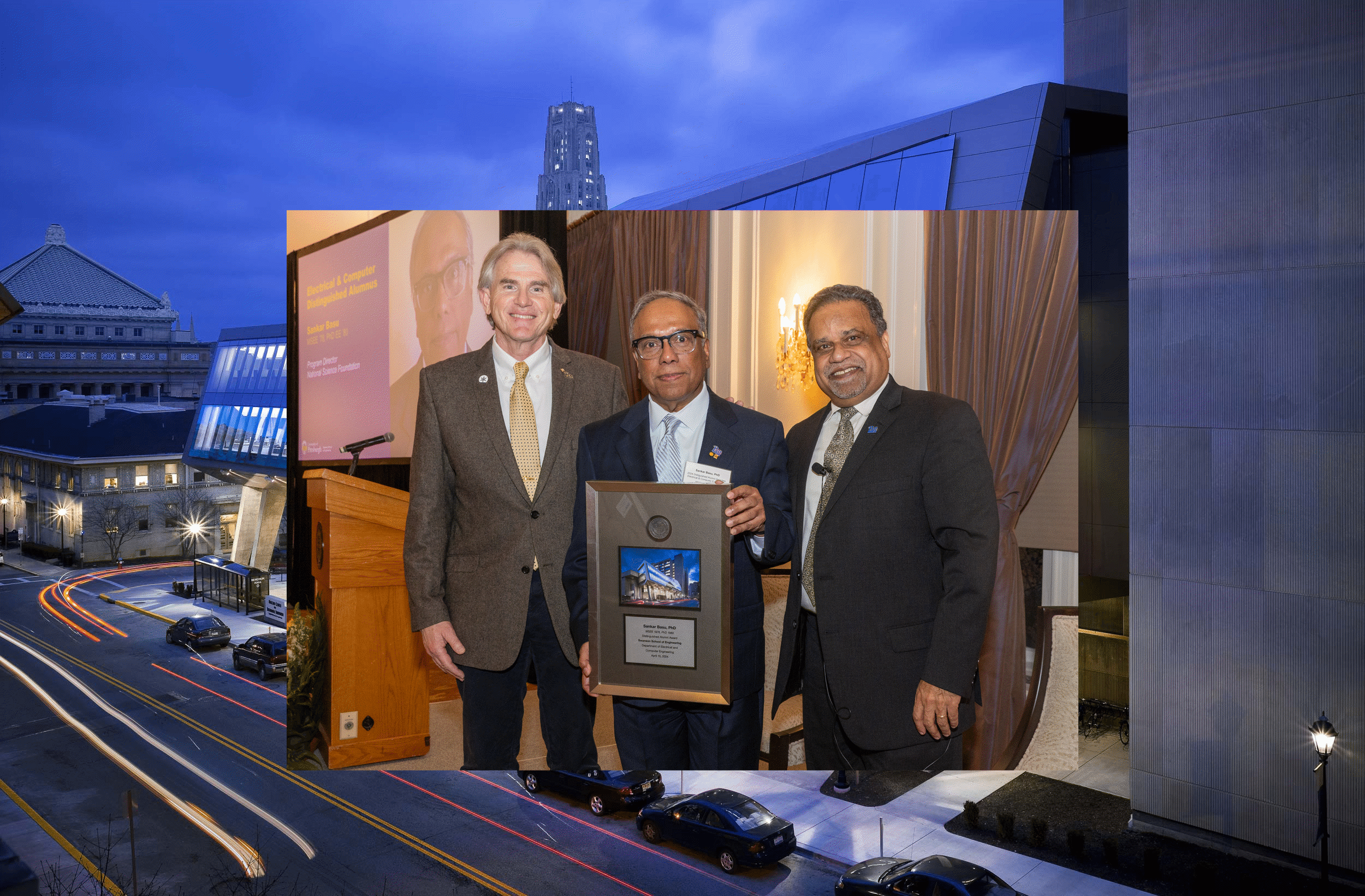 Sankar Basu (center) with Department Chair Alan George (left) and Interim U.S. Steel Dean Sanjeev Shroff.