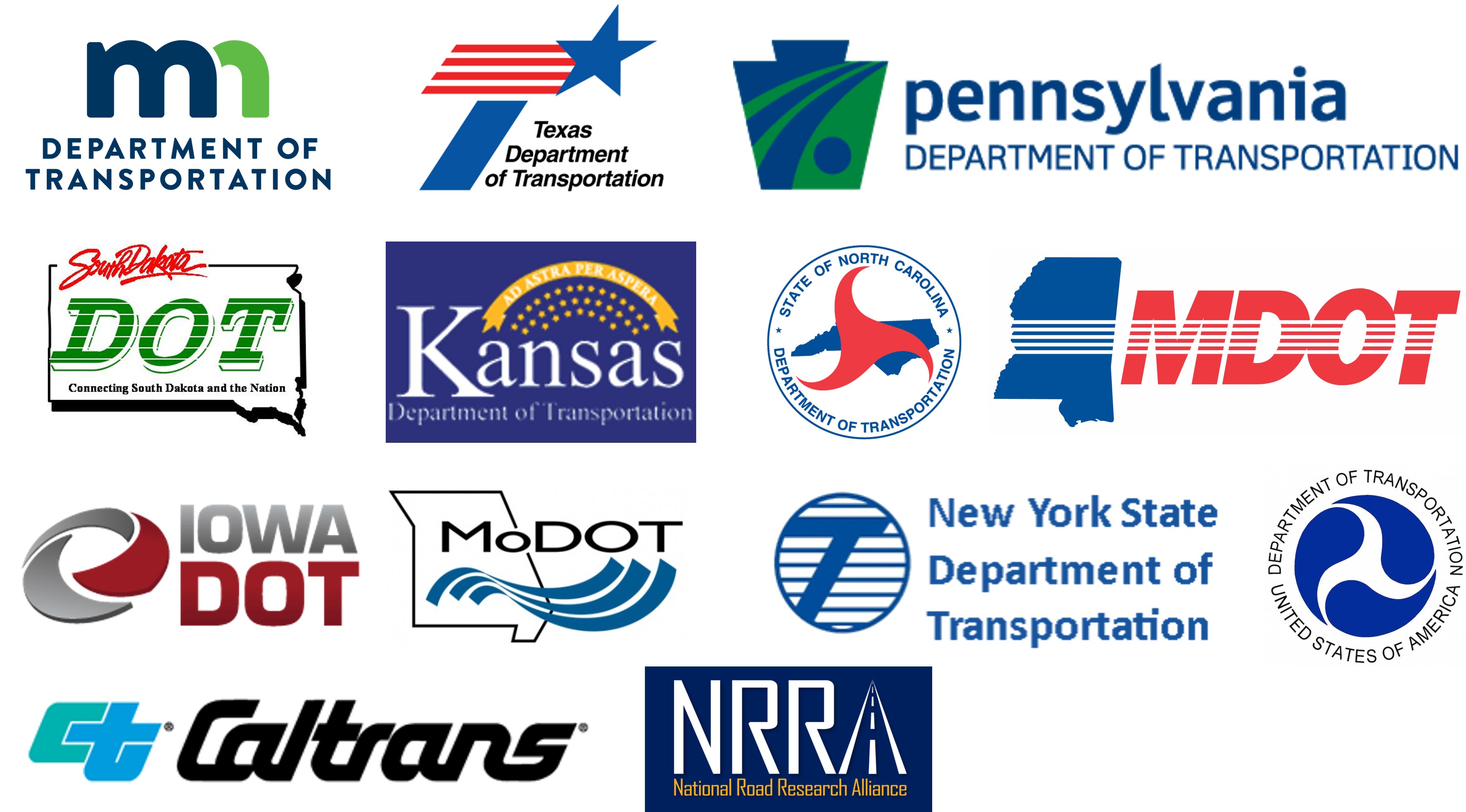 Collection of logos - MN DOT, TX DOT, PA DOT, SD DOT, KS DOT, NC DOT, MI DOT, Iowa DOT, MO DOT, NY DOT, USA DOT, caltrans, nrra 