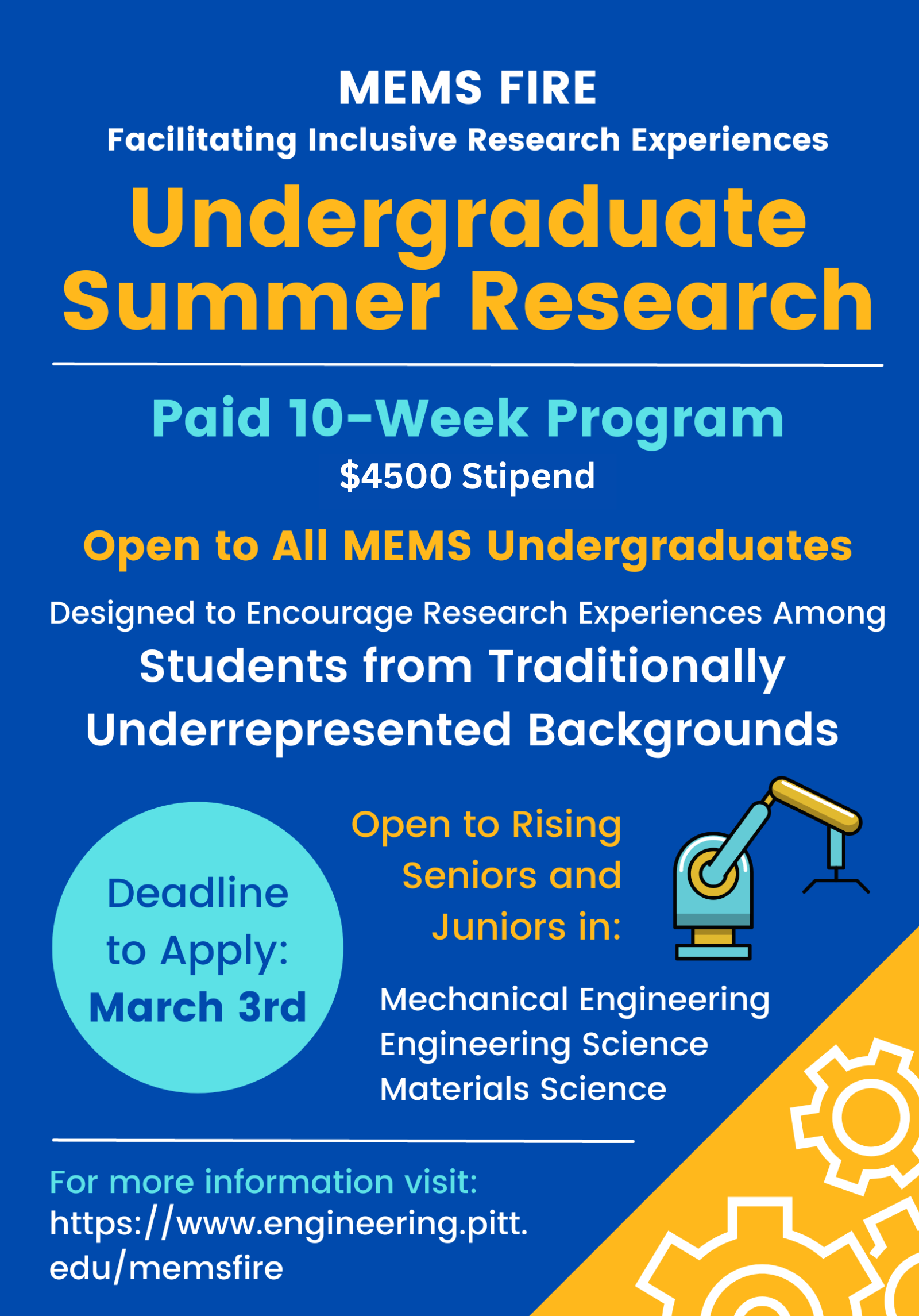 MEMS Fire undergrad summer research flyer, deadline to apply march 3