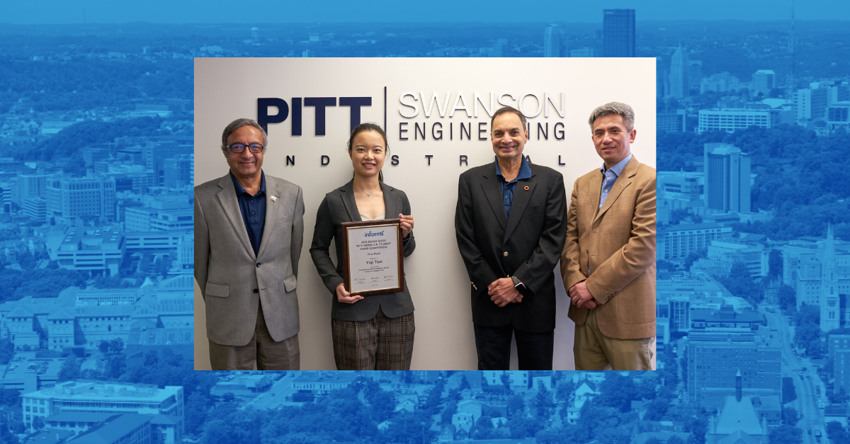 the INFORMS award winning student and professors presenting the award to Yiqi Tian