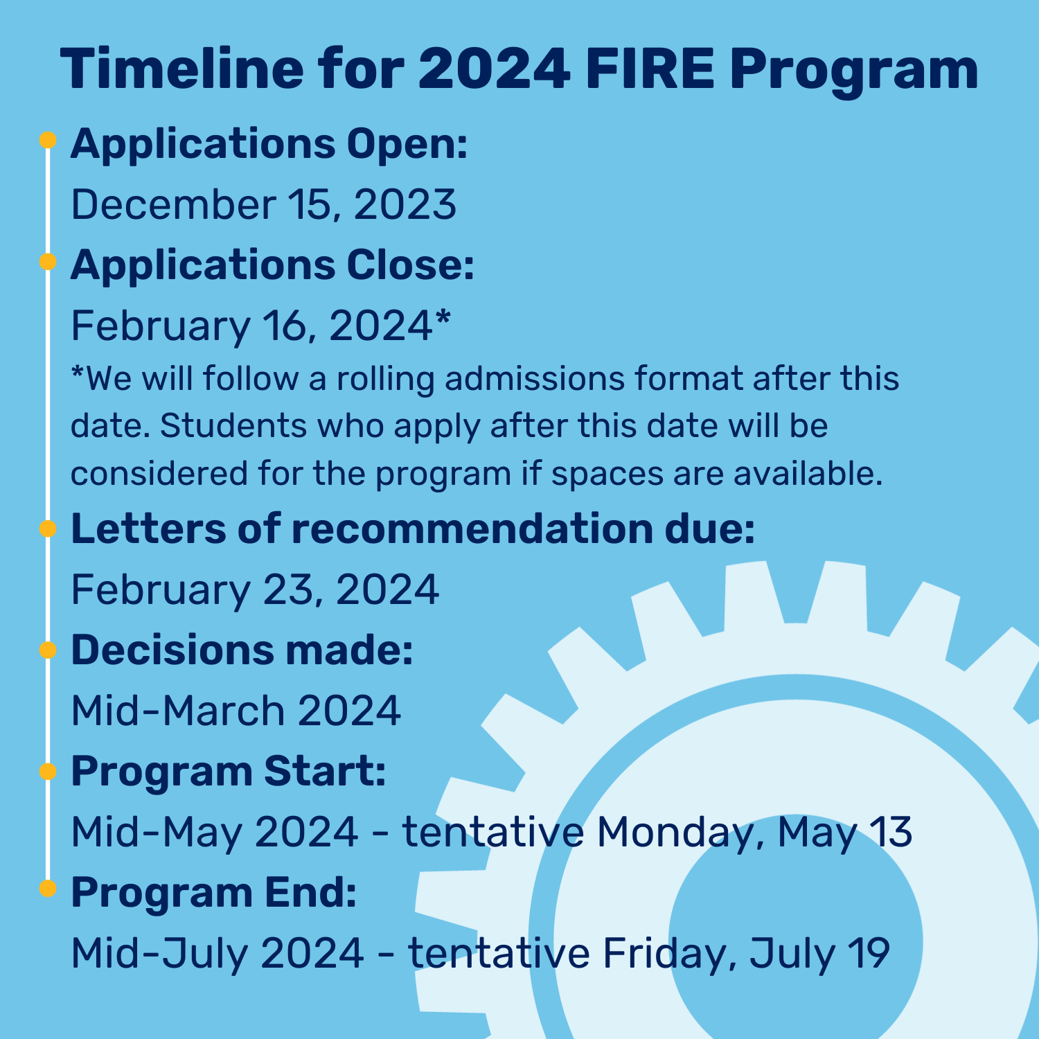 Timeline for 2024 Fire Program
