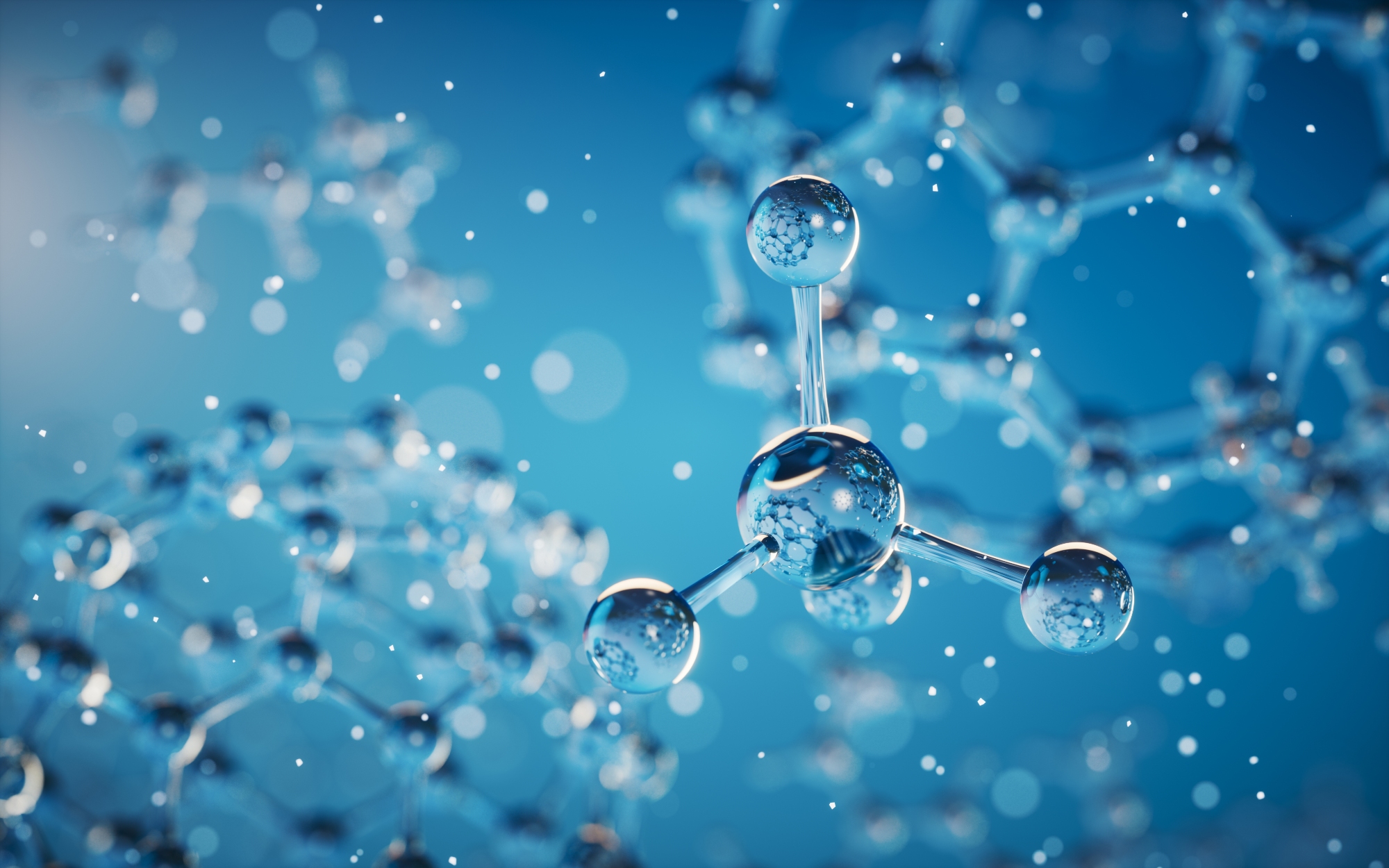 Chemical molecule with blue background, 3d rendering