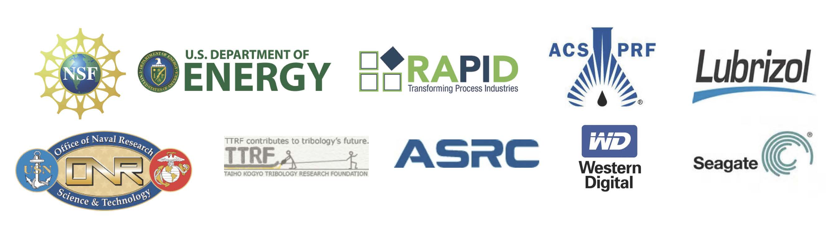 NSF logo, us department of energy logo, rapid logo, acs prf logo, lubrizol, onr logo, ttrf logo, asrc logo, western digital logo, seagate logo