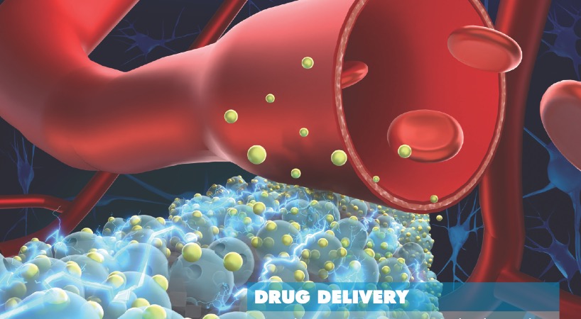 Ilustration of vein taking in small shapes that are to show drug delivery via an electrically controlled drug release system