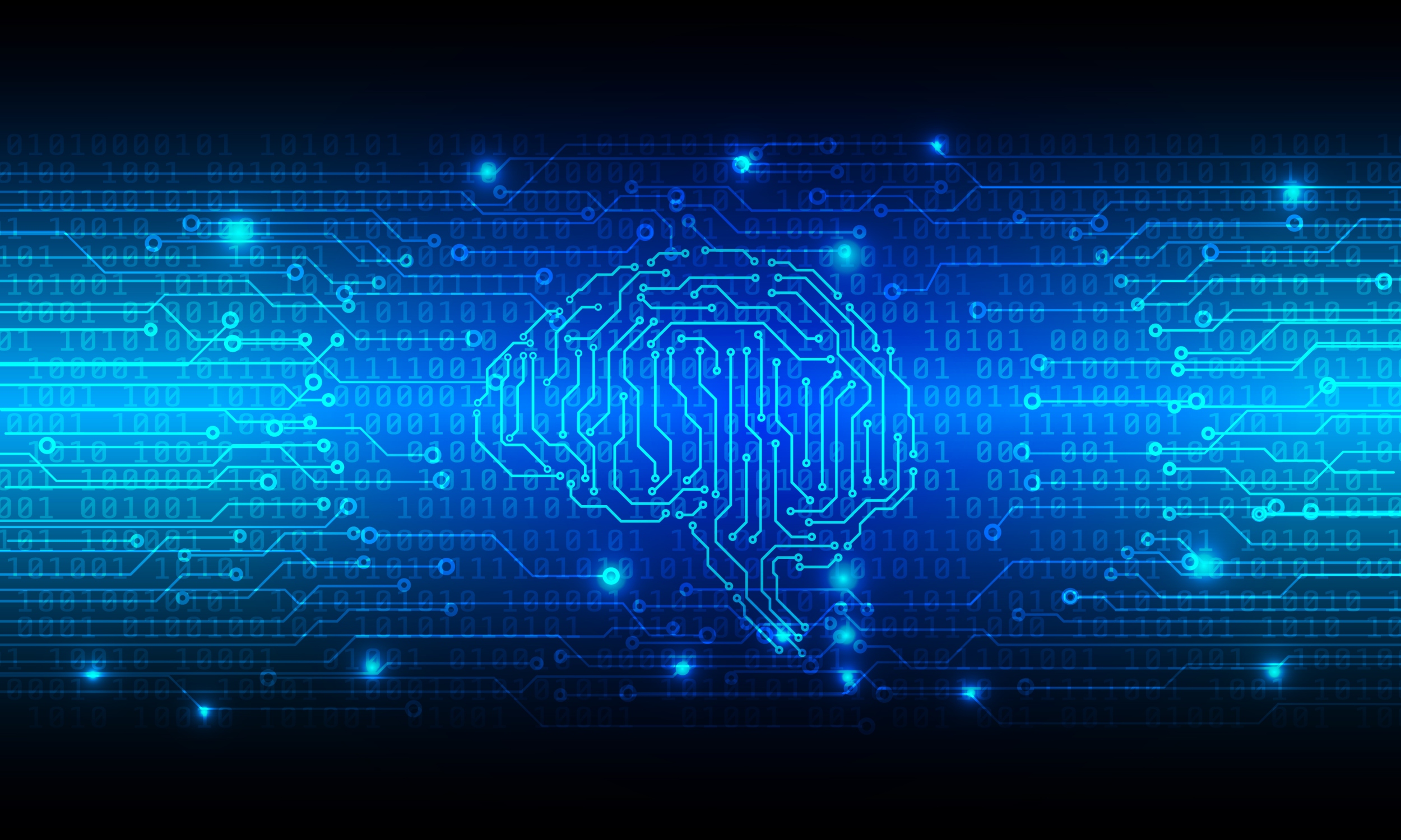 Brain Futuristic Element Circuit Board With Encoder And Decoder Binary Code Vector Background. Virtual Blue Abstract AI Brainstorm Digital Data Security Technology